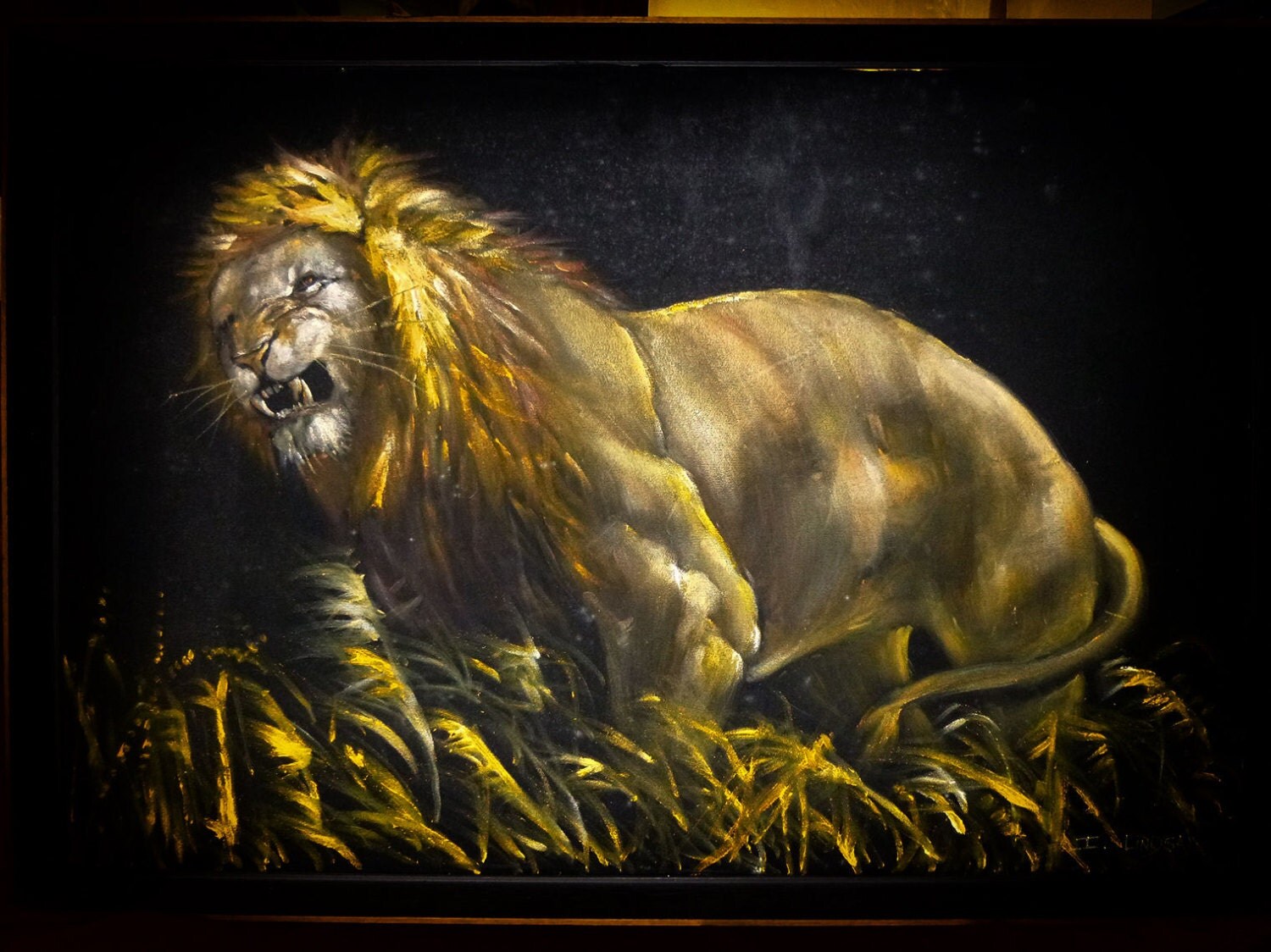 Vintage LION PAINTING African Oil on black velvet large art
