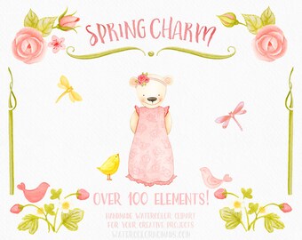 Flower clipart, Spring clipart, teddy bear clipart, roses clipart, forgetmenot, nursery, dragonfly, clipart, watercolor, printable, baby