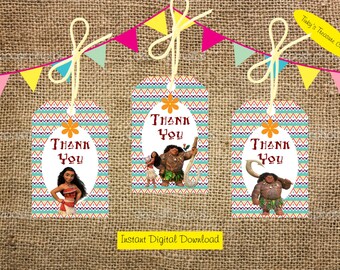 Descargar Moana gracias marcar con etiqueta para los bolsos de fiesta favor. Decoración de fiesta de cumpleaños. JPG. Hoja A4. Tema de océano