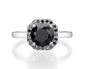 Black Onyx Halo Ring. Black Diamond Engagement Ring. Black Onyx Ring. Black Diamond ring. Anniversaey Gift. Black Ring. 14K/18K Solid Gold