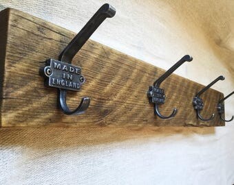 Coat Hooks, Reclaimed Wood, Wood and Metal Rack, Rustic Wood Coat and Hat Rack, Reclaimed Wood, Cast Iron, Made in England