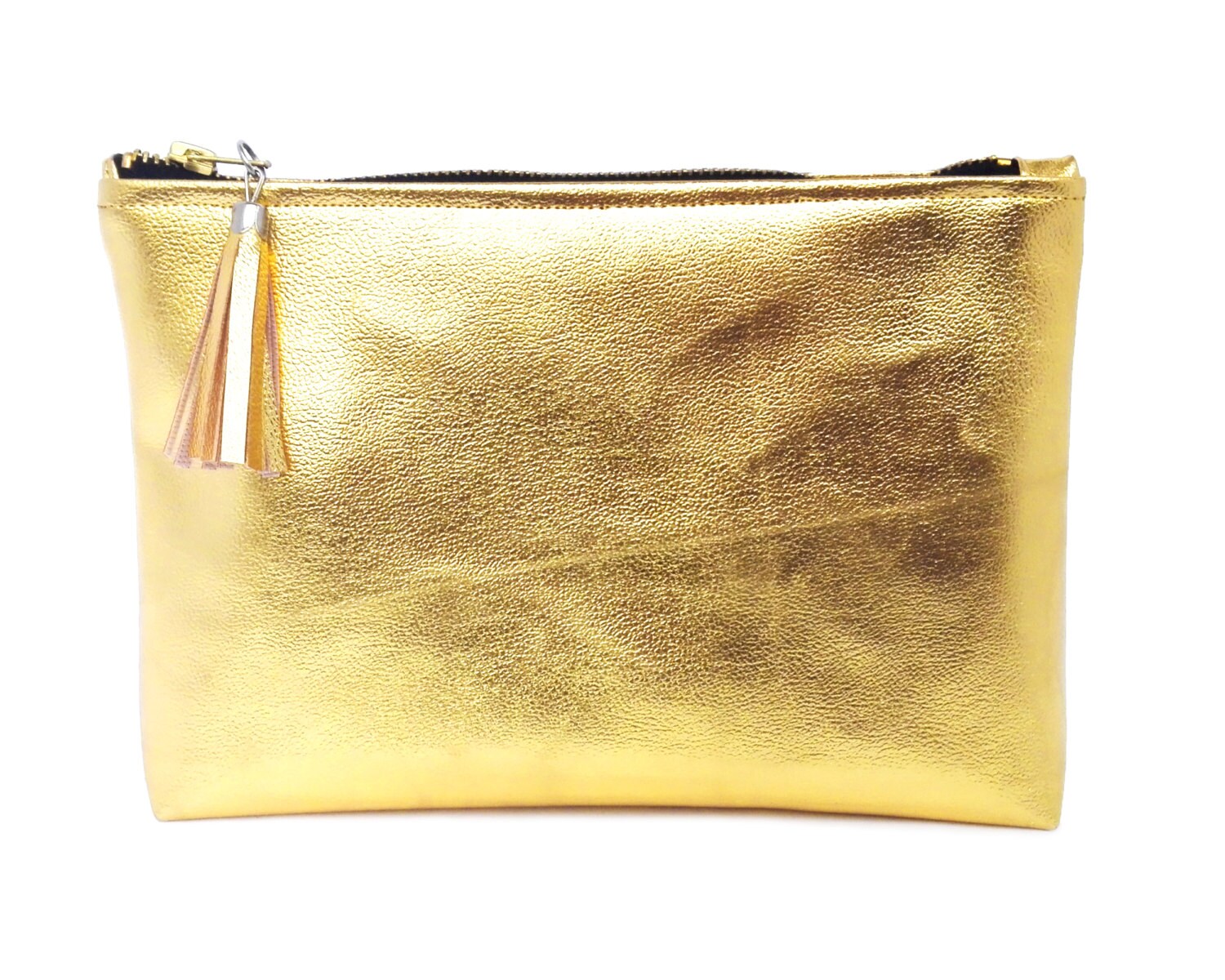 Gold cosmetic bag Leather makeup bag Мonogram gift for woman