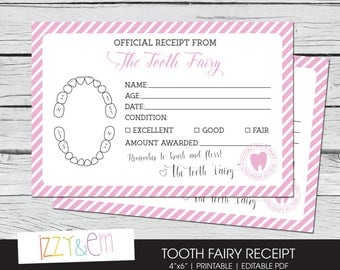 Tooth Fairy Receipt - Girls Tooth Fairy Note - Printable Tooth Fairy Report - Lost Tooth Record - Tooth Fairy Certificate - Instant Download