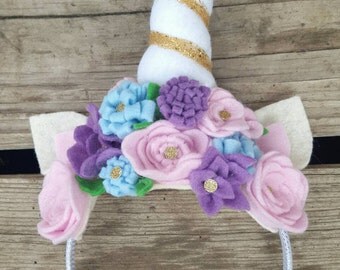 Unicorn Horn Headband, Unicorn Crown, Unicorn Headband, Unicorn Birthday Party, Flower Unicorn Horn, Unicorn Photo Prop, Felt Unicorn Crown