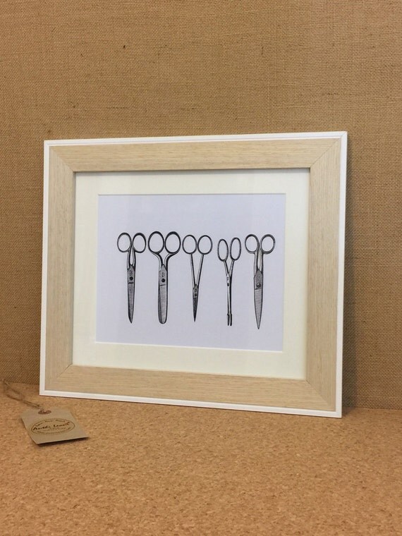 Antique Scissor Print on White Canvas in Contemporary Modern Pale Wood / White 10" x 12" Frame - Perfect Gift Idea for Crafters