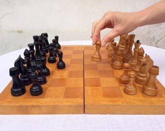 Vintage Russian Chess Set / Wooden Chess USSR 1960s / Full Set / Big wooden soviet chess / 16"x16"