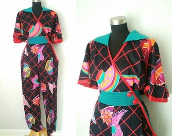 Rare Jeanne Marc Colorful Jumpsuit with Big Sleeves and Buttons | Labeled Size 16 18 Plus Size