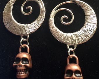 Silver swirl and copper Skull earrings