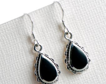 Teardrop Black Onyx 925 Sterling Silver Dangle Hook Earrings, Dangle Earrings, Onyx Earrings