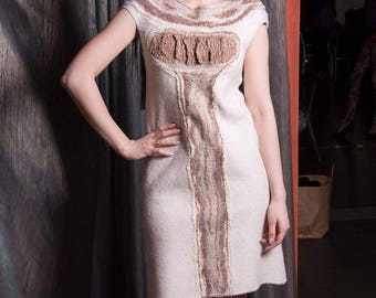 White felted dress with beards, nunofelting. Evening dress, cocktail dress.