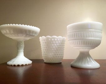 Milk Glass Planters - Set of 3 - Mariella Collection / White Succulent Planters / Hobnail & Pedestal Planters