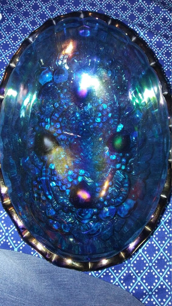 Blue Carnival Glass Fruit Bowl