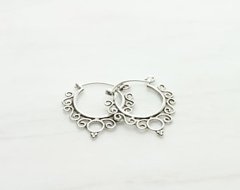 Art Deco Bali Hoops, Sterling silver Bali hoops, Art Deco Balinese silver hoop earrings, Ethnic hoops, Tribal hoops (H90)