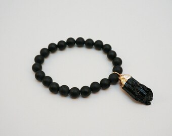 Black Onyx Bracelet, Gold Charm Jewelry, Charm Bracelet, stacking bracelet, gifts under 20, gifts for her, natural jewelry, OOAK