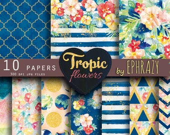 Summer Digital Paper. Tropical paper. Flower digital paper. Floral pattern. Gold digital paper. Floral digital paper. Watercolor paper