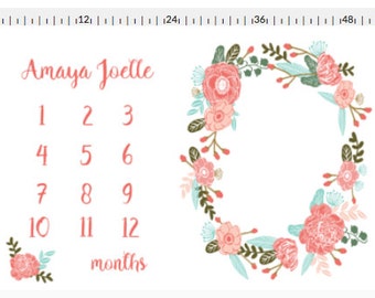 Monthly Milestone Blanket | monogram milestone blanket | personalized blanket | newborn photo prop | floral wreath for photos|