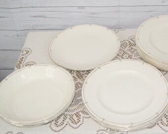 Art Deco Burleigh Athlone Cream and Gold Part Dinner Service: Dinner Plates, Salad Plates, Soup Bowls, etc.