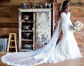 2 Tiers Dettachable Cathedral Lace Wedding Veil-Cathedral Lace Wedding Veil with Elbow Lace Blusher-Alencon Lace Cathedral Veil 626