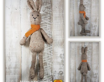 Knitted toy knitting pattern for Arthur Rabbit bunny, PDF download