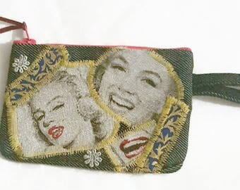 Denim coin purse, Marilyn Monroe Up Cycled Denim New York New York Coin Purse, American denim purse, movie star coin purse, Marilyn Monroe,