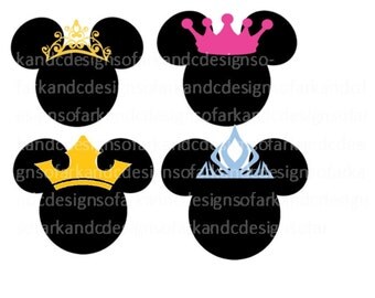 Four Mickey Mouse Ear Heads with Four differen crowns, SVG, PNG, JPG