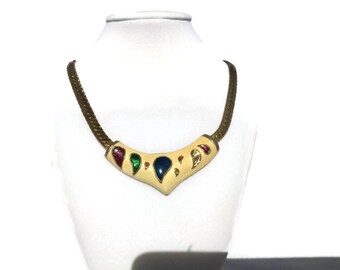 Enamel Painted Bib Necklace With Herringbone Chain