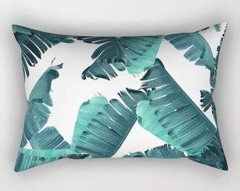 Teal Pillow, Tropical Resort Decor, Green Throw Pillow, Tropical Glam Accent Pillow, Banana Leaf Pillow, Leaf Print Lumbar, Coastal Decor