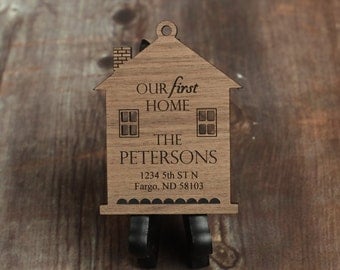 Our First Home Ornament with Last Name and Address, Made From Walnut Wood, First Home Gift, Christmas Ornament