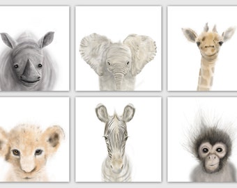 Safari Nursery Prints Set of 6, Nursery wall art