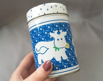 Blue Floral Cow Tin Container // Vintage Tin Container // Cow Illustrations // Country Kitchen // Farmhouse Decor // Blue Floral (B9)