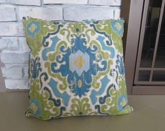 Turquoise Blue Green Ikat Pillow Cover Throw Pillow