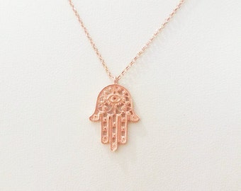 Hamsa Necklace / Hand Of Fatima Pendant / Protection Necklace / Hamsa Hand Necklace / Good Luck Charm / Sterling Silver / Rose Gold Plated