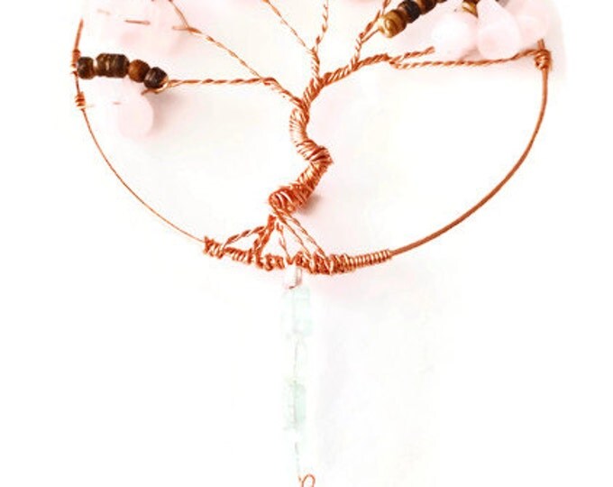 Rose Quartz Copper Tree of Life Suncatcher, Copper Opalite Wall Hanging, Gemstone Sun Catcher, Heart Stone