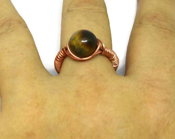 Copper Tigers Eye Gemstone Wire Wrapped Ring, Chakra Ring, Healing Gemstone, Unique Birthday Gift, Size 8 Gemstone Ring