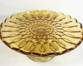Anchor Hocking Fairfield Golden Amber Glass Cake Stand / Pedestal
