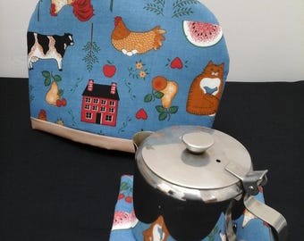Tea cosy, single pot tea cosy, cotton tea cosy, chicken tea cosy, tea cosy and coaster set, coaster, mug rug, small tea cosy, one person