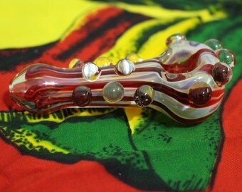 Hand Blown Hand Made with Love Large Tripple Beaded Green and Red With Inside out Swirl THICK spoon glass Smoking Pipe