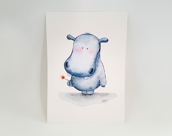 Shy Hippo Print - A5 (5" x 7")