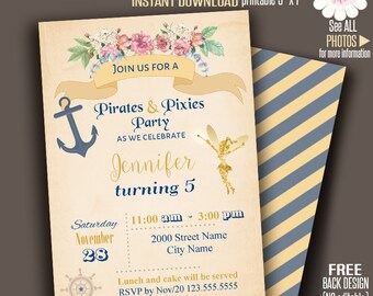 Pirates and Pixies invitation, Printable Fairy invitation, Instant Download self Editable PDF File A184