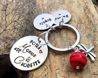 Hand Stamped Maman Chouette, French Personalised Metal Keyring