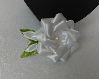 Barrette kanzashi white/hair clip flower satin white/headband/headband/wedding/baptism/Communion/Ribbon satin