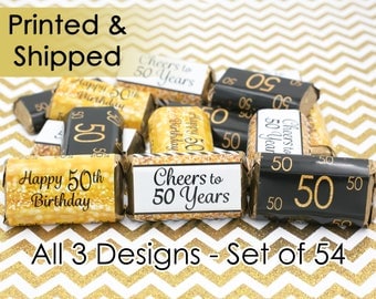 Happy 50th Birthday Party Decorations - 50th Birthday Gold & Black Party Favors - Cheers to 50 - 54 Stickers for Hershey's Miniature Bars