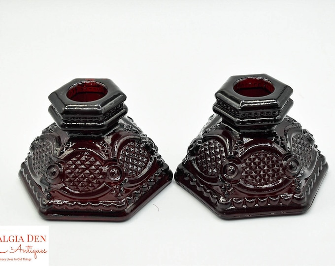 Vintage AVON 1886 Centennial Edition Cape Cod Collection Ruby Candle Holders and Serving Bowl