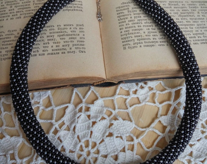 Black grey rope necklace bracelet classic print casual crochet gift for her polka unusual in circle beadwork office rope statement circle