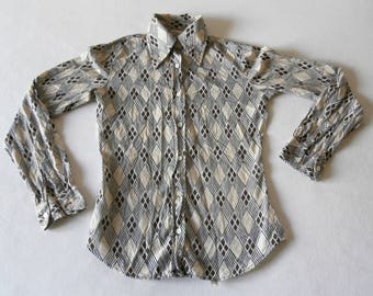 60's / 70's Cotton Blouse Beige with Black & Brown Marco Polo