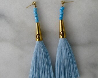 Light Blue Tassel and Bead Earrings