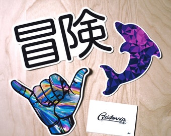 Adventure Sticker Pack // BONUS CALIFORNIA STICKER // Limited Time Offer // Hawaiian Shaka // Japanese Adventure // Geometric Dolphin