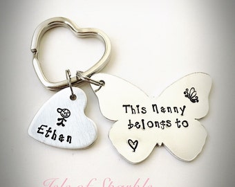 Hand stamped butterfly keyring for This Nan Nanny Granny Mum Mummy Auntie belongs to.. pretty personalised gift for christmas and birthdays