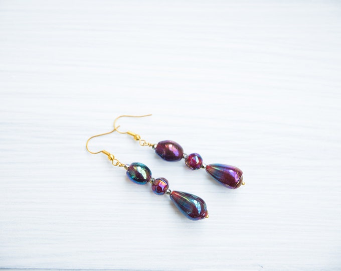 Long earrings with beads and iridescent vintage glass beads - gifts for her / valentine's gift
