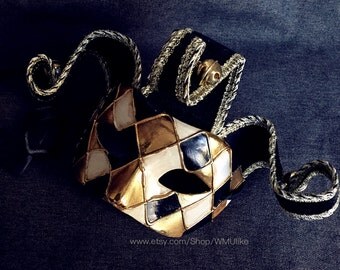 Mens Masquerade Ball Mask Black Gold Venetian Jolly a Jester Mask